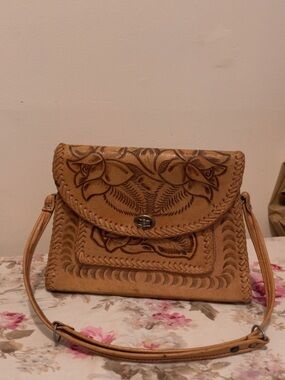 Handcrafted Tooled Leather Crossbody Bag - Tan